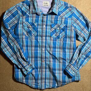 PD&C‎ Men Large Blue Plaid Button-Up Collared Pocket Long Sleeve Causal Shirt